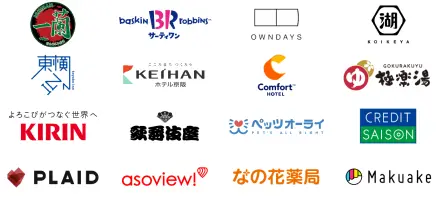 導入企業のロゴ一覧。一蘭、株式会社東横イン、キリンホールディングス株式会社、株式会社プレイド、湖池屋、アソビュー株式会社など。